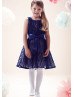 A-line Navy Blue Lace Knee Length Flower Girl Dress With Bow